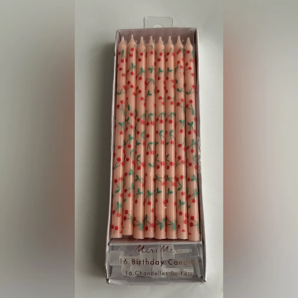 New 16 Pink Birthday Candles 16 Holders Red Flowers Green Stems Meri Mari